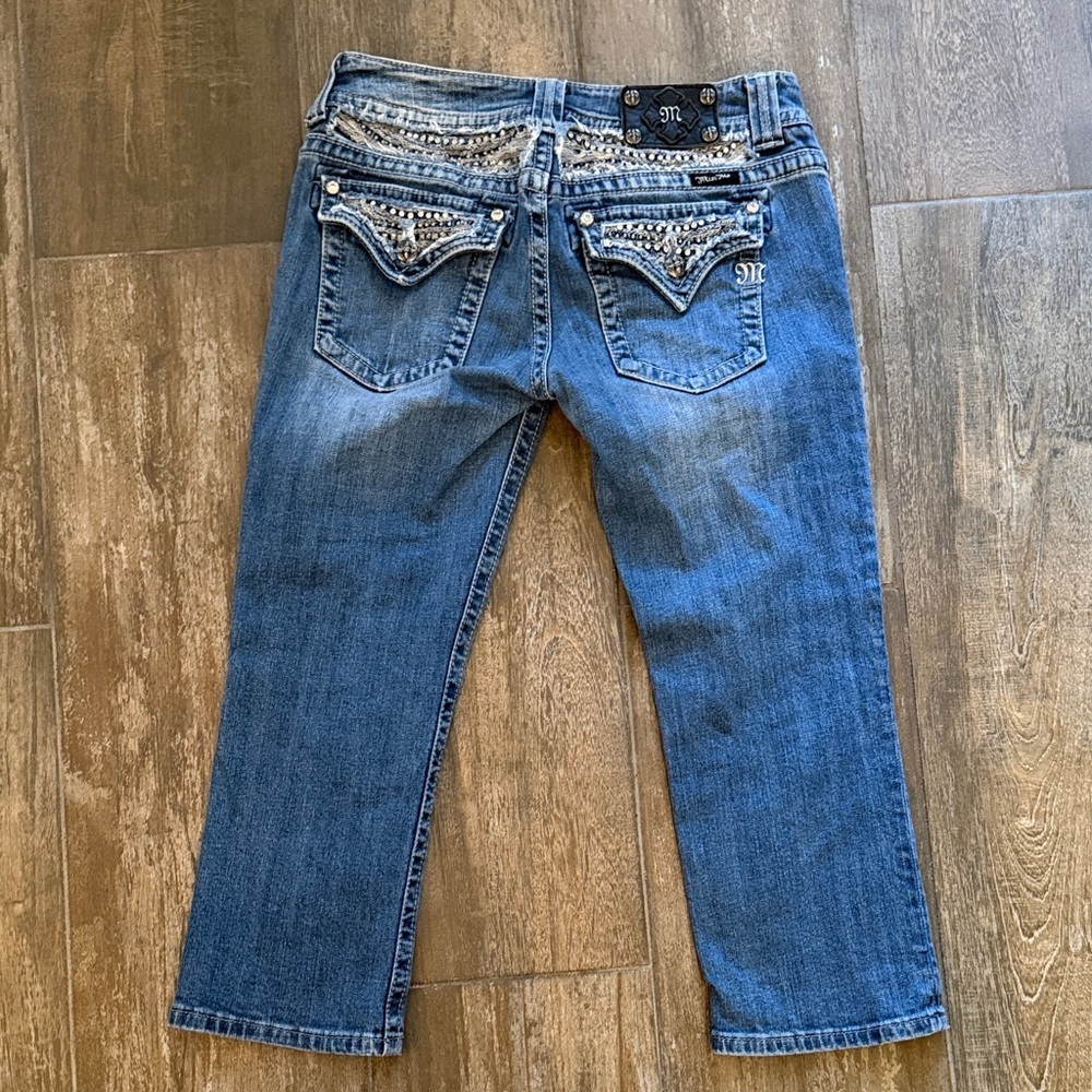 Miss Me Blue Cropped Jeans with Embellished Pockets